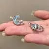Anel Aberto Zircônia Pérola Estrela Lua Azul Glacial Feminino Nicho Requintado Luxo Leve Alto Padrão Anel de Aparência Sofisticada