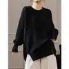 Suéter Pulóver Estilo Perezoso Otoño/Invierno 2026 para Mujer Cuello Redondo Largo Medio Grueso Holgado Hombro Caído Tejido de Punto con Abertura