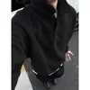 Moletom retrô com meia-botoadura, gola virada, caimento solto, ombros caídos, cor sólida, estilo casual de rua, unissex, top casual versátil de manga longa