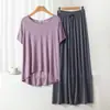 Conjunto de Pijama Casual Duas Peças Feminino de Modal com Gola Redonda e Manga Curta com Calça de Perna Larga Roupas de Casa Tamanho Plus Size Solto