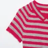 Ropa de comercio exterior para mujer 2026 Moda europea y americana casual suéter chaqueta de punto a rayas con botones de manga corta y cuello redondo A37396