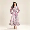 Vestido maxi com estampa de renda transfronteiriça, saia godê, gola alta, mangas bufantes e design de amarração na cintura - moda feminina outono, fornecimento direto da fonte