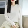 Suéter delgado de manga larga de lana soluble en agua de punto fino para mujer, sencillo de color liso con cuello redondo, top versátil tipo camiseta