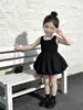 Vestido de Verão Shanmo para Meninas, Estilo Coreano, Colete sem Mangas Estiloso, Saia de Botão de Flor, Saia Curta Preta da Moda para Crianças Pequenas
