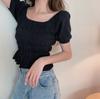 Camiseta de Verano de Manga Corta Transfronteriza Nuevo Estilo Coreano Cuello Cuadrado Cintura Morado Top Corto de Punto de Cintura Alta para Mujer Estilo Hyuna