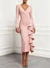Sitio web independiente Wish Amazon Vestido midi de punto con cuello en V y manga larga, fruncido en la cintura, ajustado, bodycon, para fiesta