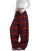 Venta Directa de Fábrica Diseño Retro Americano Bloques de Color Cuadros Pantalones Casuales con Cordón Versátiles de Pierna Ancha hasta el Suelo para Hombres y Mujeres