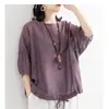 Camiseta Casual Holgada Talla Grande para Mujer Camisa Murciélago Dobladillo con Cordón Cuello Redondo Manga Media Imitación Algodón y Lino Top 2024 Verano