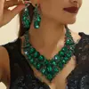 Conjunto de Collar y Pendientes de Cristal Verde Atmósfera Exagerada Europea y Americana Transfronterizo Novia Boda Joyería de Aleación Accesorios para Mujer