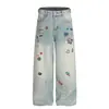 G6842 Jeans Baggy Masculino Solto Street Style Tendência Unissex Estampa de Logo Retrô Lavado Design High Street Bolsa
