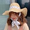 Sombrero de Playa de Verano para Mujer Estilo Coreano Tejido de Paja Plegable Sombrilla Sombrero de Ala Ancha Lazo de Cinta de Lunares Sombrero de Paja