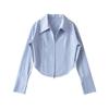 Camisa de manga larga con doble cremallera de estilo europeo y americano para mujer, nueva primavera 2023, camisa corta con cuello POLO y dobladillo curvo