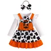 Fantasia de Halloween para Meninas de Comércio Exterior Conjunto de Três Peças: Top Liso com Manga Bufante, Macacão de Abóbora com Estampa de Vaca, Faixa de Cabeça