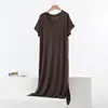 Vestido de Manga Corta con Cuello en V para Mujer, Ropa de Abrigo de Modal Delgada de Verano, Falda Base con Abertura Inferior, Camisón Holgado, Falda Larga de Talla Grande