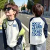 Camiseta de Manga Raglán para Niños, Bloques de Color, Algodón Puro, Manga Larga, Estilo Otoño, Moda Coreana, Corte Holgado, Ropa de Abrigo Elegante