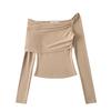 1531-24 Otoño Nuevo Spice Girls Coreanas Deseo Puro Viento Hombro Vuelta Manga Larga Ajustado Top Camiseta Básica
