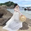 Vestido con cuello plisado y abalorios Vacaciones Románticas Francesas Falda en A Blanca con Abalorios Hada Elegante Falda Larga