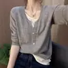 Top Chaqueta de Punto Fina de Lana Falsa Dos Piezas Abierto a Mitad Cuello Ajustado Ajustado Estilo Coreano Simple Botonado Rayado Ropa de Mujer