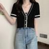 Decote em V fino contraste cor malhas femininas verão design senso nicho ajuste fino elegante manga curta all-match pequeno cardigan top