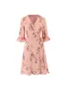 Vestido Floral Vintage Estilo Francês com Decote V, Barra Franzida e Mangas 3/4, Vestido Envelope com Amarração na Cintura, Vestido Curto Elegante que Marca a Cintura