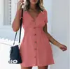 Vestido Nuevo de Color Sólido con Cuello en V Ajustado de Botones de una Sola Fila de Cintura Alta para Mujer Primavera y Verano 20 Mancha 20 Algodón