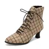 Botines de mujer con cordones, de tacón medio, a cuadros, talla grande, comercio exterior, 7001
