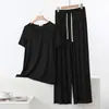 Conjunto de Duas Peças Casual de Verão em Modal Largo com Manga Curta e Calça Wide Leg para Casa Tamanho Plus Size Gola Redonda Fino