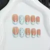 Pontas de unha pré-fabricadas de alta qualidade estilo francês com bolinhas azuis, formato olho de gato, aparência natural, para venda no atacado, pontas de unha macaron que realçam o tom da pele