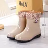 Botas de goma forradas color caqui para otoño e invierno, zapatos de agua de caña media y corta, botas de lluvia para mujer para exteriores, botas de lluvia sin cordones de altura media, botas de agua para limpieza