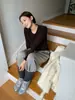 Camiseta base Shijian ACME gris de cuello redondo, corte ajustado, manga larga para mujer, otoño, mezcla de lana, elástica, suave, T-shirt 42500