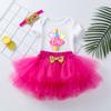 Nova Roupa de Verão para Crianças de 0-2 Anos Roupa de Bebê com Manga Curta Estampada de Desenho Animado Conjunto de Três Peças com Saia Tule de Rede