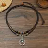 Collar de Cuero Tejido a Mano Doble Capa Apilable para Mujer, Colgante de Aleación con Cuentas de Madera, Gargantilla de Moda Retro