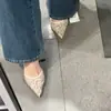 Sapatos femininos de bico fino com salto alto, em malha bordada cor champanhe estilo francês, novo modelo primavera-verão 2026, salto agulha, bico fechado, calcanhar aberto, sapatos de noiva