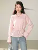 Suéter de punto estilo francés, con delicado diseño calado, cuello redondo y mangas de campana para mujer, con corte relajado, cintas para ceñir la cintura y efecto adelgazante