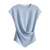 Camiseta de punto de seda helada azul personalizada de fábrica con mangas de vuelo pequeñas, manga corta, para mujer, verano, top asimétrico de cintura entallada
