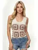 Colete de crochê para férias de verão, colete floral de crochê estilo granny square vintage para mulheres, top sem mangas com decote V vazado estilo étnico