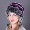 Cálido Gorro Grueso con Protección para las Orejas de Piel de Conejo Rex Tres Pompones Otoño e Invierno Gorro Redondo Tejido Sombrero de Lana para Mujer