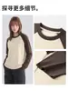 Directo de fábrica, top de algodón puro pesado para mujer de otoño e invierno con mangas raglán largas, colores contrastantes, cuello redondo, camiseta básica cómoda y versátil