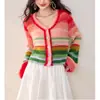 Cardigan de Lã Retro Chic com Mangas Sino e Contraste Colorido Arco-Íris Outono 2025 para Mulheres