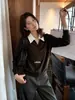 Té Verde Limón 2026 Otoño Ropa de Mujer Estilo Coreano Alta Inteligencia Versátil Adelgazante Patchwork Cuello de Camisa Manga Larga Tejidos de Punto Moderno