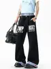 Jeans patchwork de doble cintura estilo americano para mujer y hombre, diseño apilado de alta costura para verano, pantalones de dobladillo curvo con estampado de letras, pantalones de pierna recta