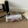 Bolsa de mão fashion e doce estilo coreano com laço e poá, compacta e estilosa, elegante bolsa transversal cilíndrica