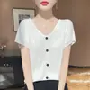 Camiseta de mujer de color liso talla grande, cuello en V, capa base primavera/verano, manga corta, adecuada para madres, estilo transfronterizo, diseño simple y minimalista, estilo coreano