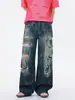 Jeans Rasgados Tintados Sucios para Hombre Streetwear Sueltos Atractivos Adolescentes Diseño Lavado Pantalones Rectos Caídos