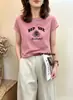 Camiseta de algodón acanalado con estampado de fuente física Shisanxing para mujer, directo de fábrica, top de manga corta ajustado, exclusivo de venta al por mayor de verano