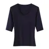 2338-2026 Estilo Novo Primavera/Verão Top Casual Puro Desejo com Gola U para Mulheres, Manga Média Justa Sexy Emagrecedor Camiseta