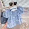Camisa de Verano Nueva 2024 para Niñas Estilo Coreano Floral de Manga Corta Estilo Babydoll Top Elegante de Bebé Tendencia