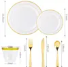 150 PIEZAS plato redondo duro de plástico PS imitación porcelana comida occidental oro rosa fondo blanco plato hueco juego de plato con cuchillo tenedor cuchara dorados