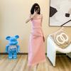 Falda de Mezclilla Rosa con Tirantes que Reduce la Edad para Mujer Verano Nuevo Cintura Alta Elegante Adelgazante Look Vestido Línea A