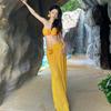 Pure Desire High-grade Sense Amarelo Tridimensional Camellia Split Vestido Longo Biquíni Três Peças Island Vacation Maiô